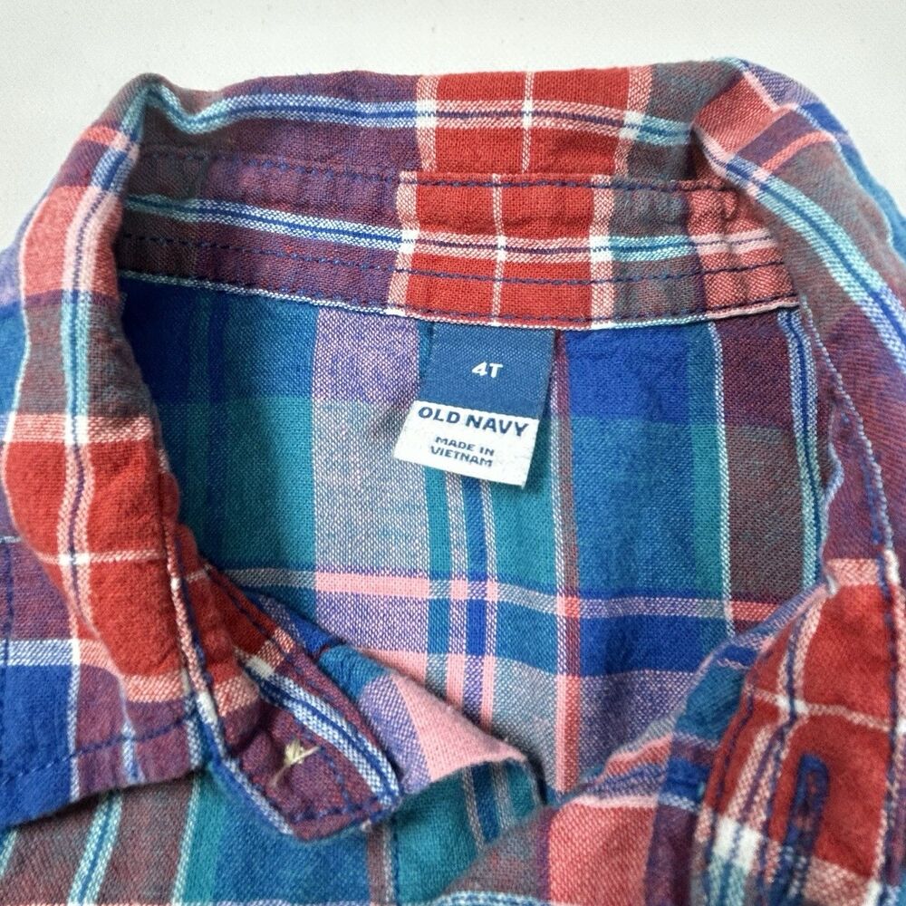 Old Navy Retro Shirt Short Sleeve Linen Cotton Plaid Red Blue Pockets Boys 4T - Picture 3 of 10